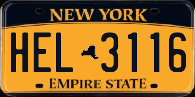 NY license plate HEL3116
