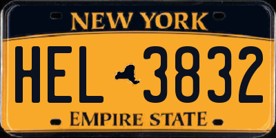 NY license plate HEL3832