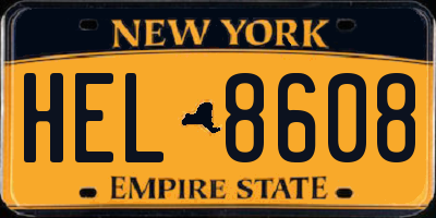 NY license plate HEL8608