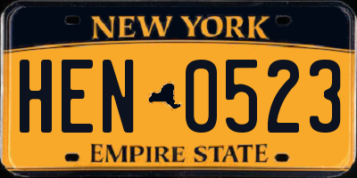 NY license plate HEN0523