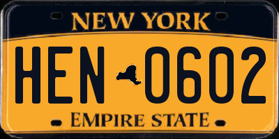 NY license plate HEN0602
