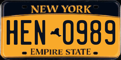 NY license plate HEN0989