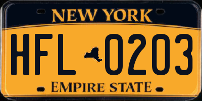 NY license plate HFL0203