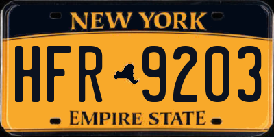 NY license plate HFR9203