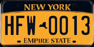 NY license plate HFW0013