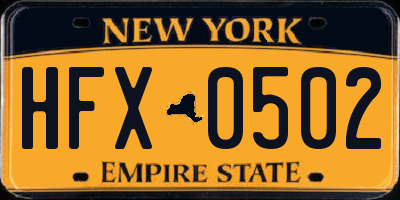 NY license plate HFX0502