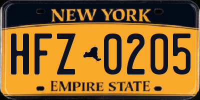 NY license plate HFZ0205