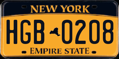 NY license plate HGB0208