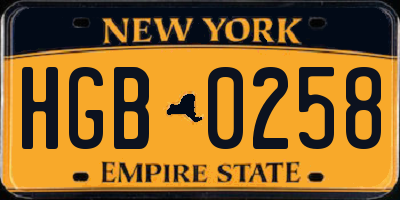 NY license plate HGB0258