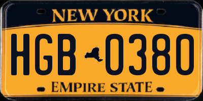 NY license plate HGB0380