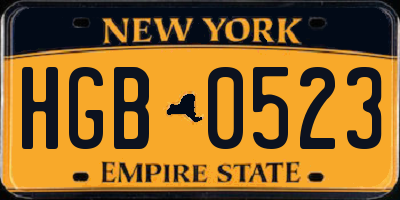 NY license plate HGB0523