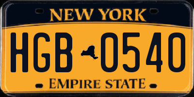 NY license plate HGB0540
