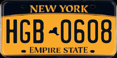 NY license plate HGB0608