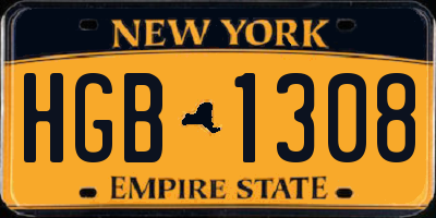 NY license plate HGB1308