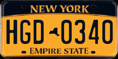 NY license plate HGD0340