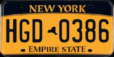 NY license plate HGD0386