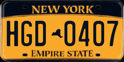 NY license plate HGD0407