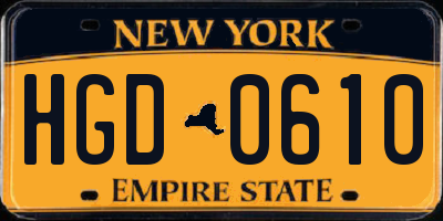 NY license plate HGD0610
