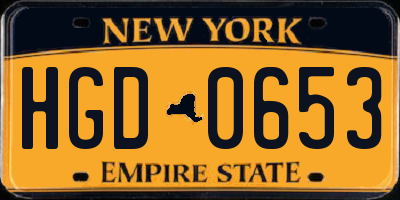 NY license plate HGD0653