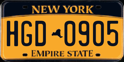 NY license plate HGD0905