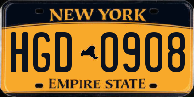 NY license plate HGD0908