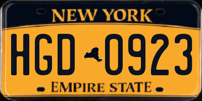 NY license plate HGD0923