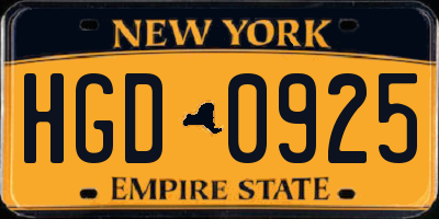 NY license plate HGD0925