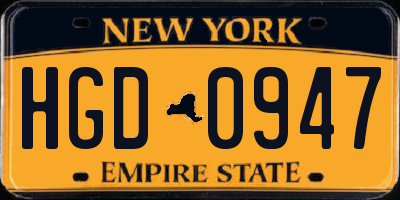 NY license plate HGD0947