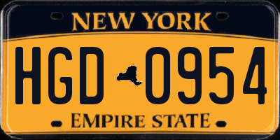 NY license plate HGD0954