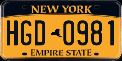 NY license plate HGD0981