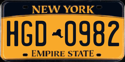 NY license plate HGD0982