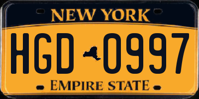 NY license plate HGD0997