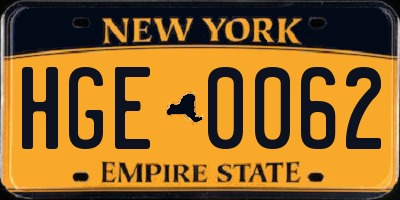 NY license plate HGE0062