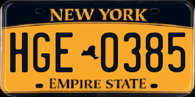 NY license plate HGE0385