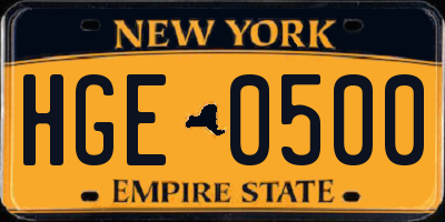 NY license plate HGE0500