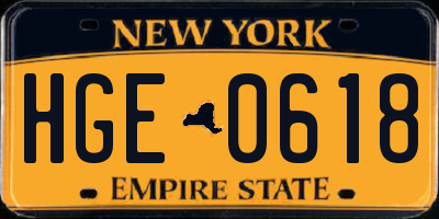 NY license plate HGE0618