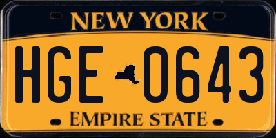 NY license plate HGE0643