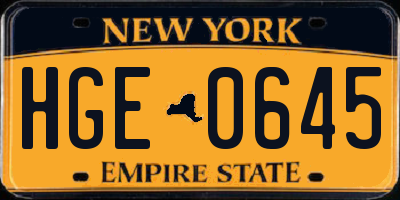 NY license plate HGE0645