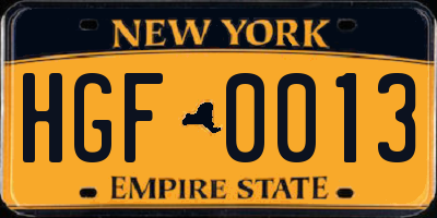 NY license plate HGF0013