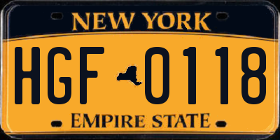 NY license plate HGF0118