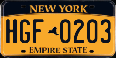 NY license plate HGF0203
