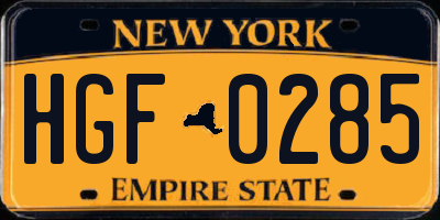 NY license plate HGF0285