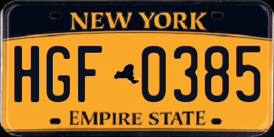 NY license plate HGF0385