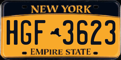NY license plate HGF3623