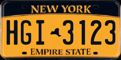 NY license plate HGI3123