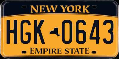 NY license plate HGK0643
