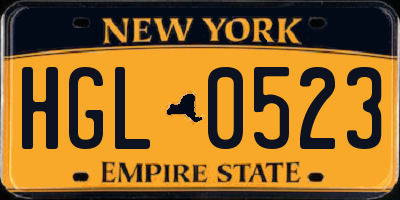 NY license plate HGL0523