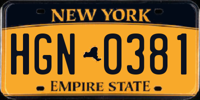 NY license plate HGN0381