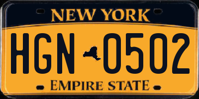 NY license plate HGN0502