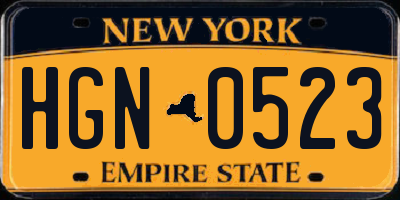 NY license plate HGN0523